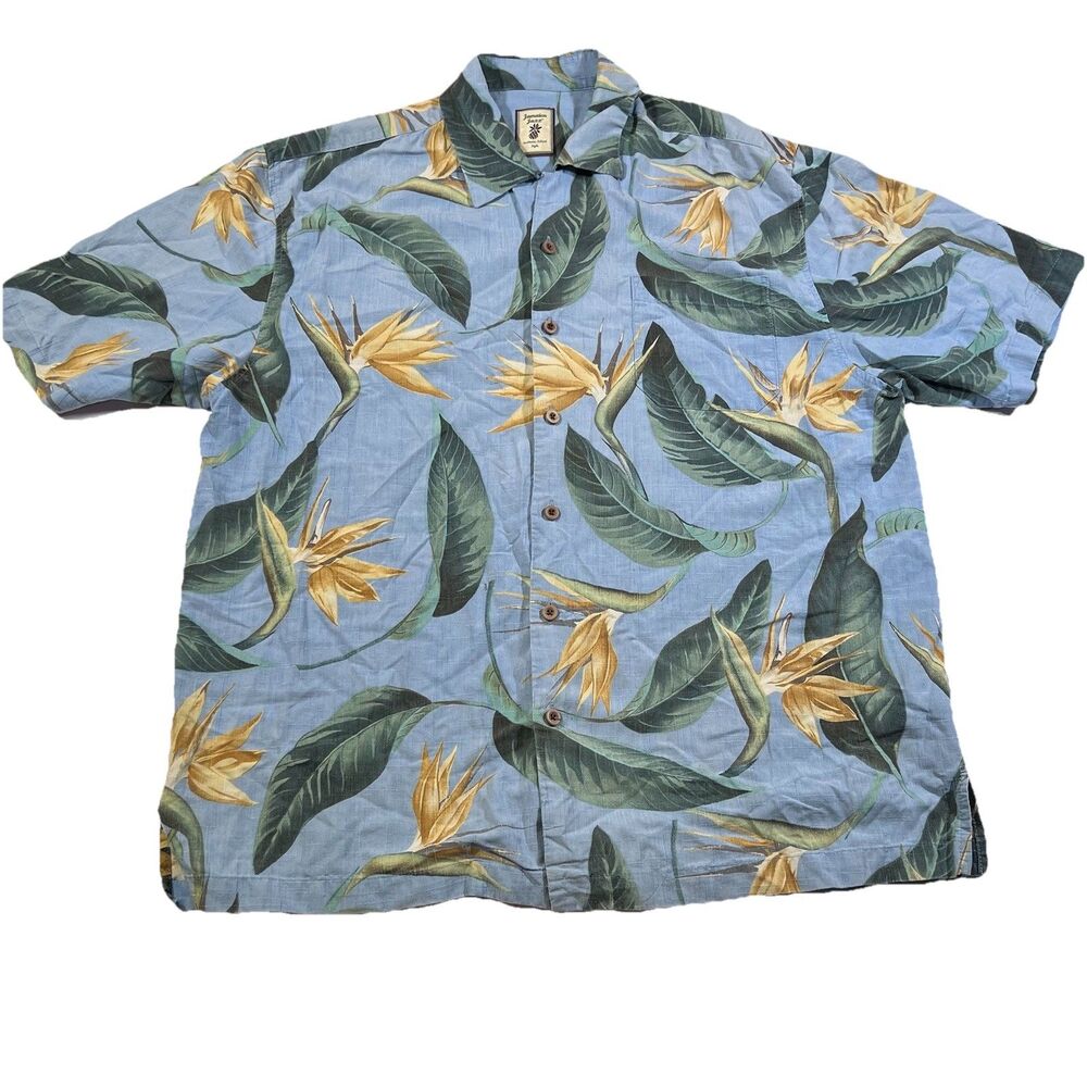 Jamaica Jaxx 100% Silk Button Up Hawaiian Camp Shirt Birds of Paradise Men's L